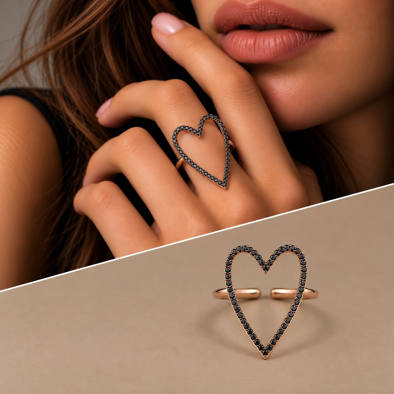 Anello cuore filo diamanti black