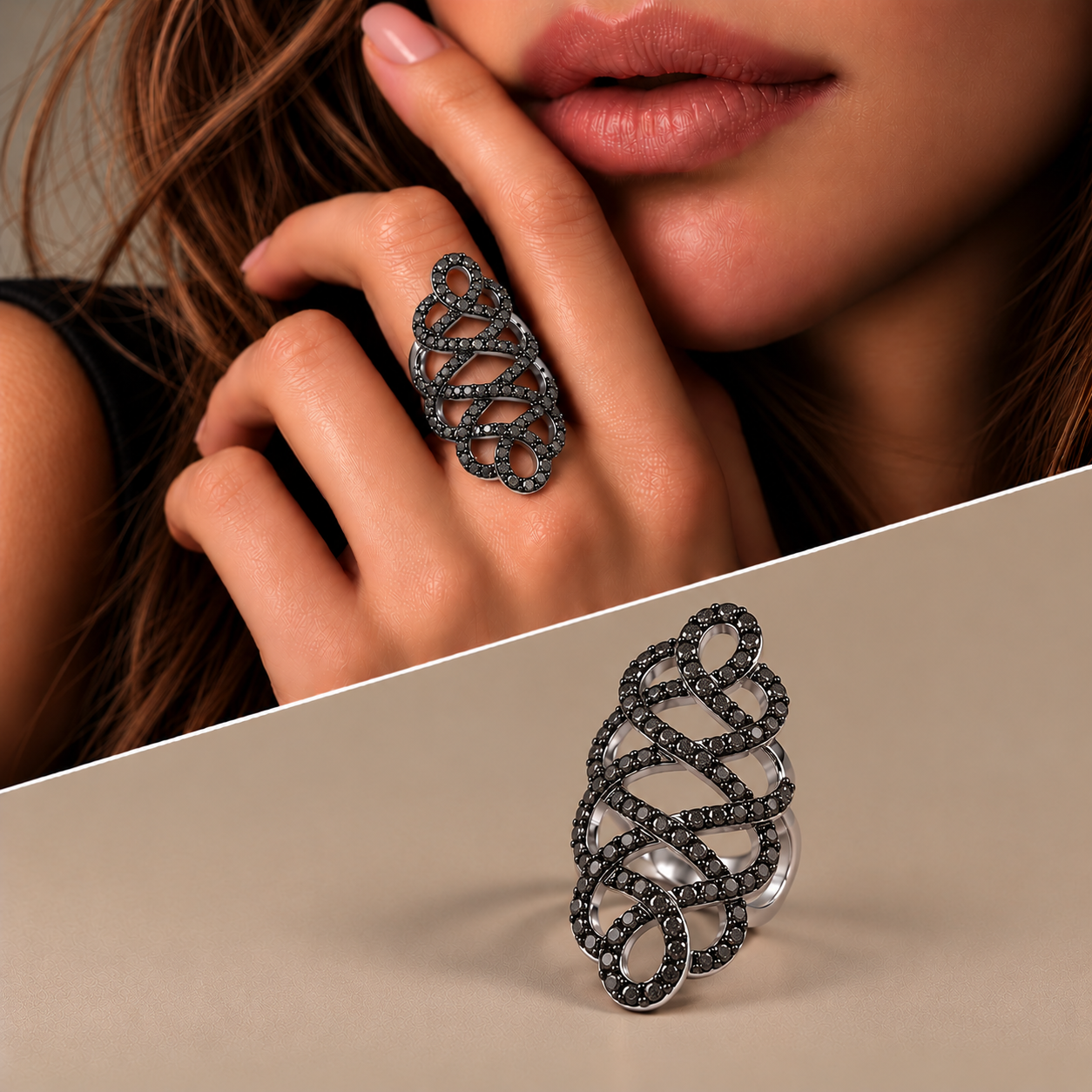 Anello Nodo Tibetano argento diamanti black