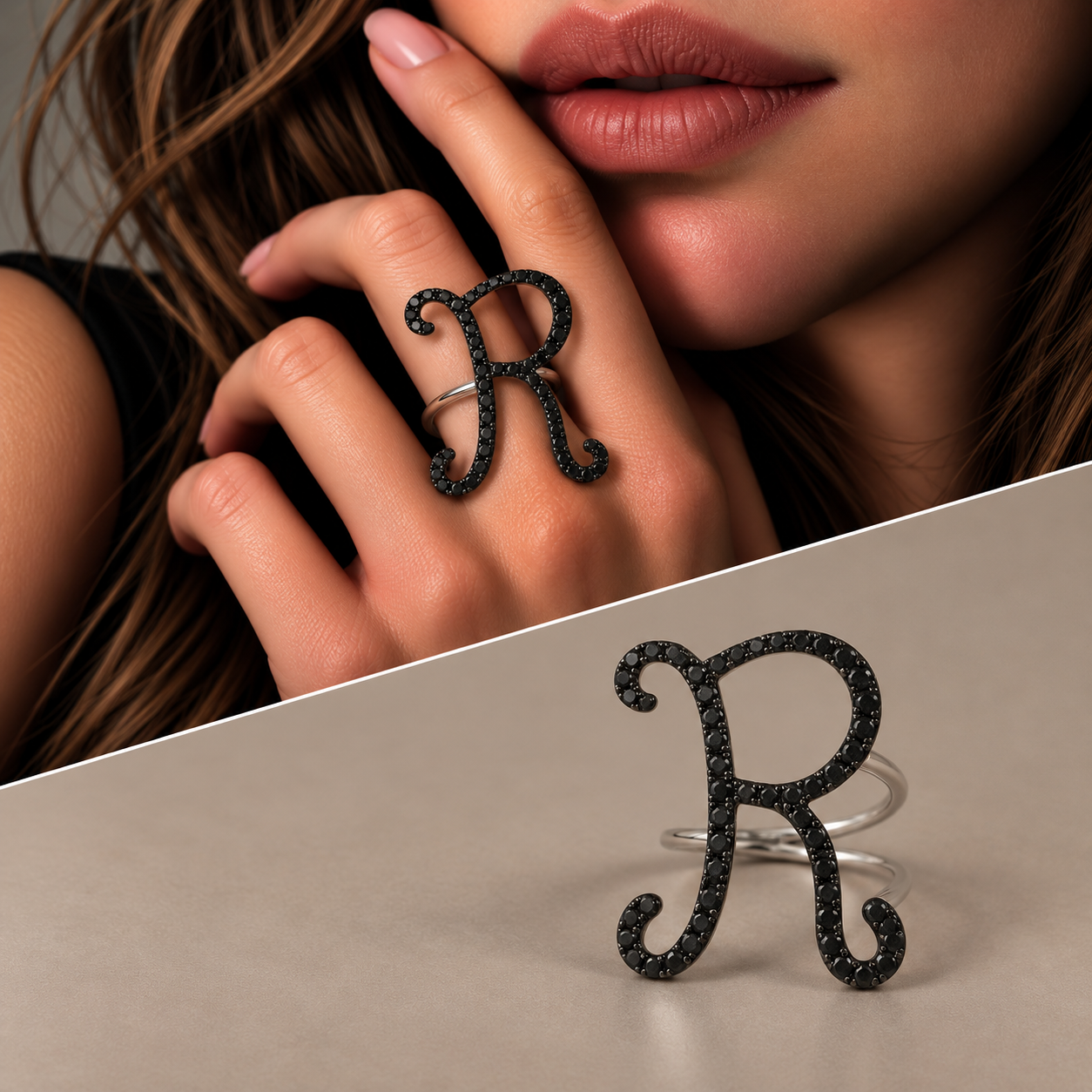 Anello iniziale "R" argento diamanti black