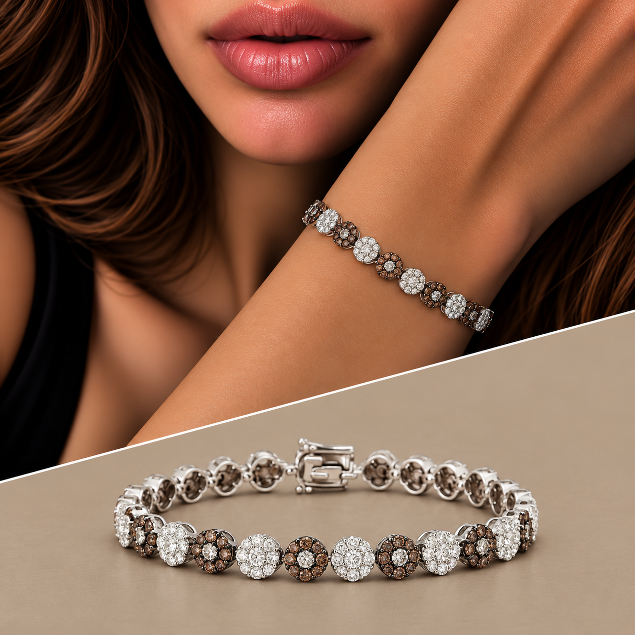 Bracciale oro 18kt tennis fiori brown & white