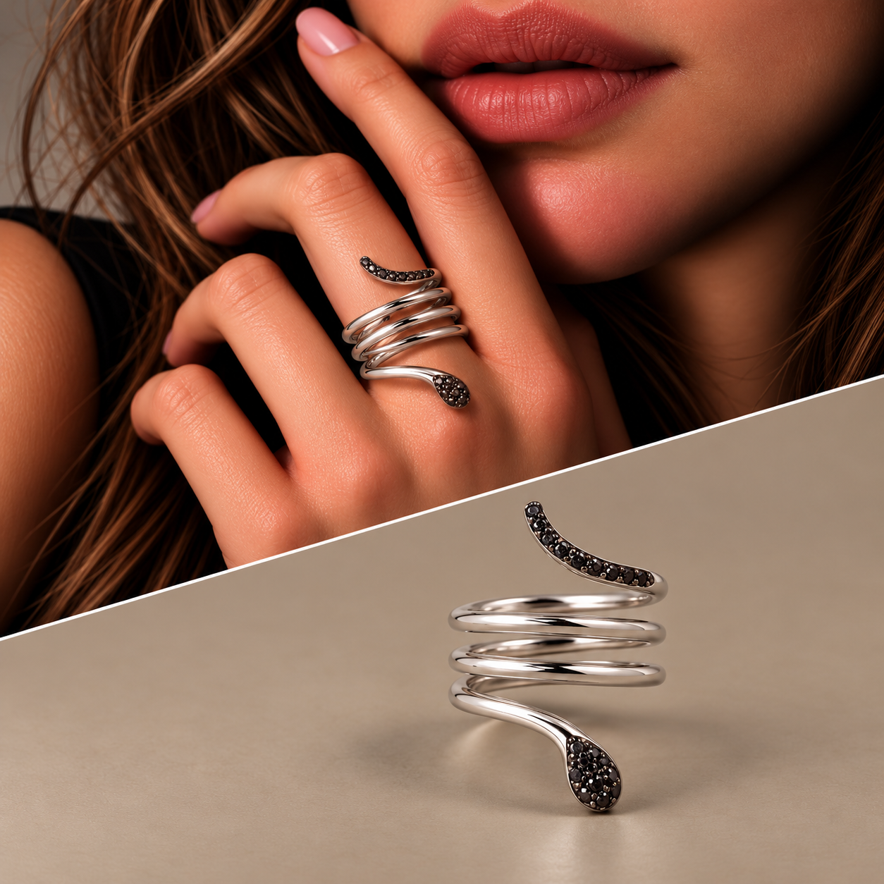 Anello in argento serpente diamanti testa & coda