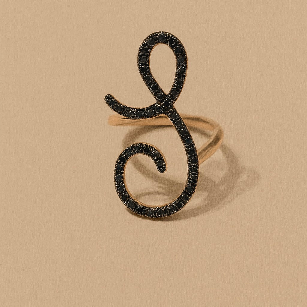 Anello iniziale "S" oro 9kt diamanti black