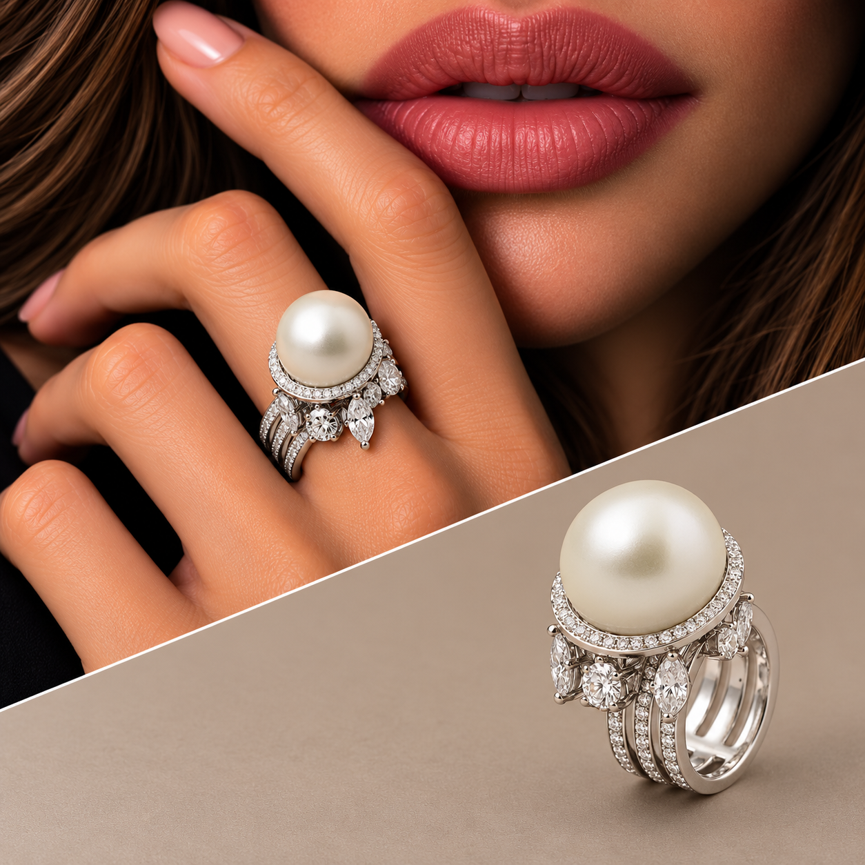 Anello oro 18kt  diamanti & perla con fancy