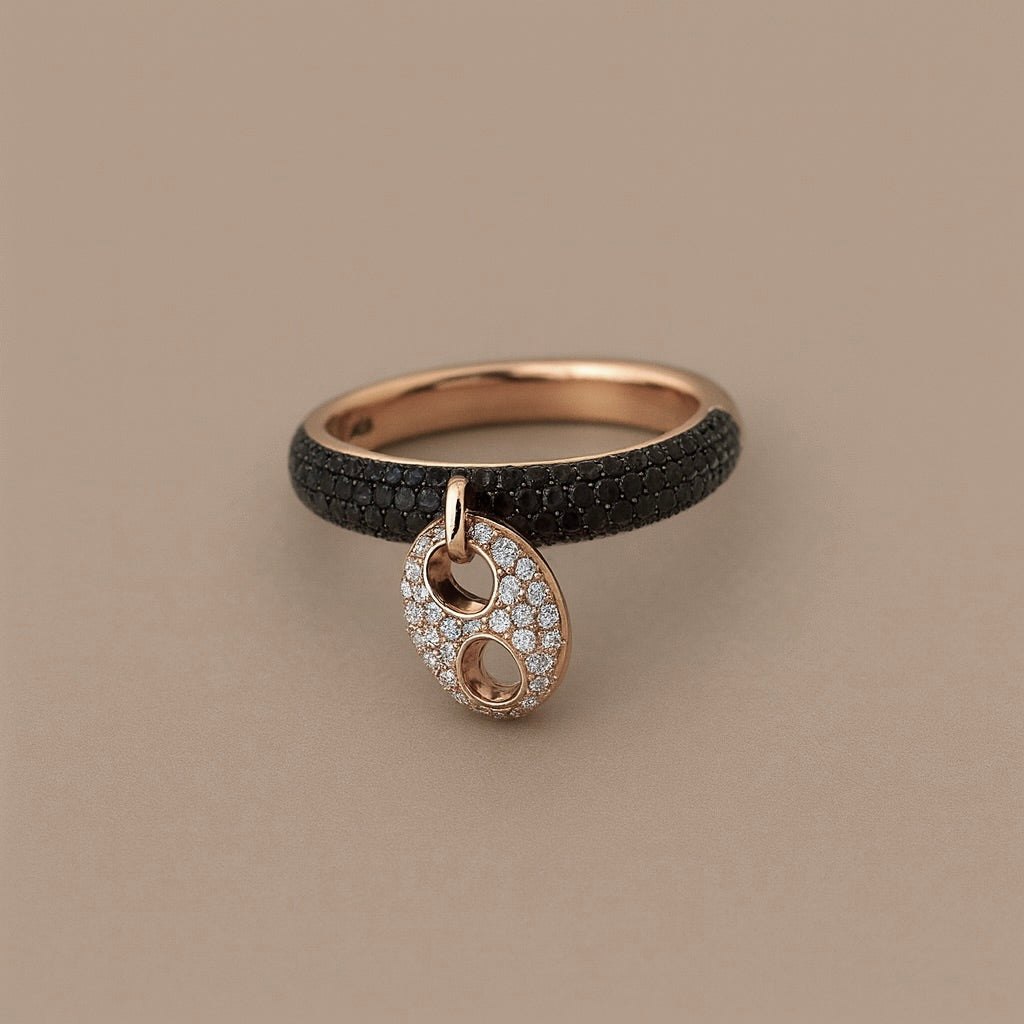 Anello oro 18kt fede diamanti black con maglia marina