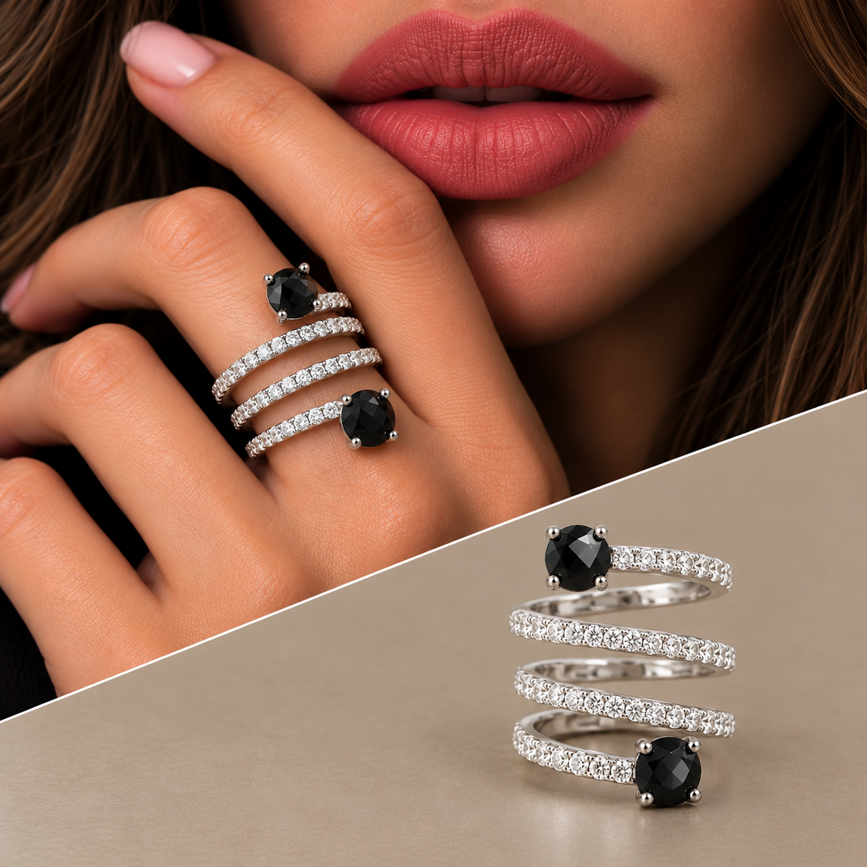 Anello oro 18kt spirale diamanti bianchi con solitario black