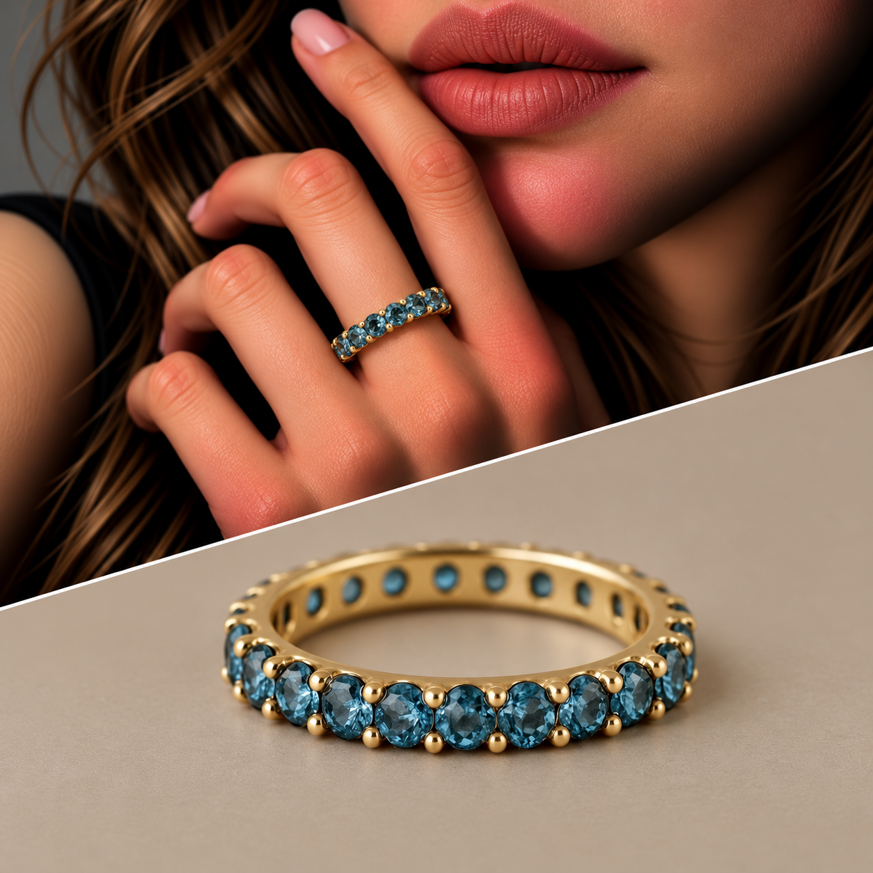 Anello oro 18kt riviera giro intero diamanti fancy color blue