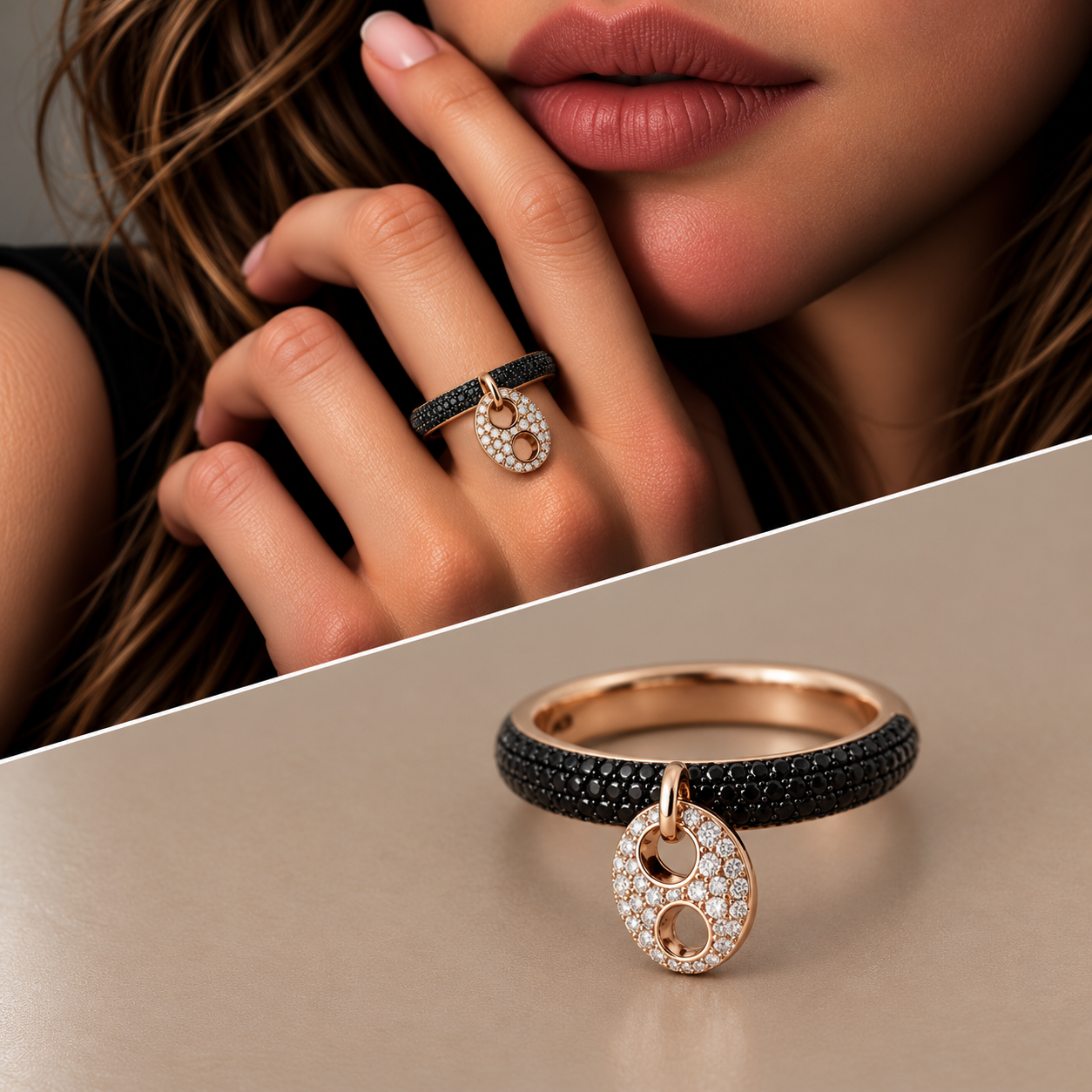 Anello oro 18kt fede diamanti black con maglia marina