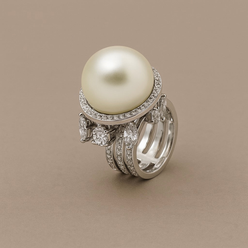 Anello oro 18kt  diamanti & perla con fancy