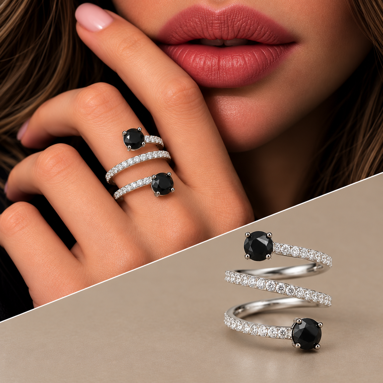 Anello oro 18kt spirale diamanti white con diamanti black