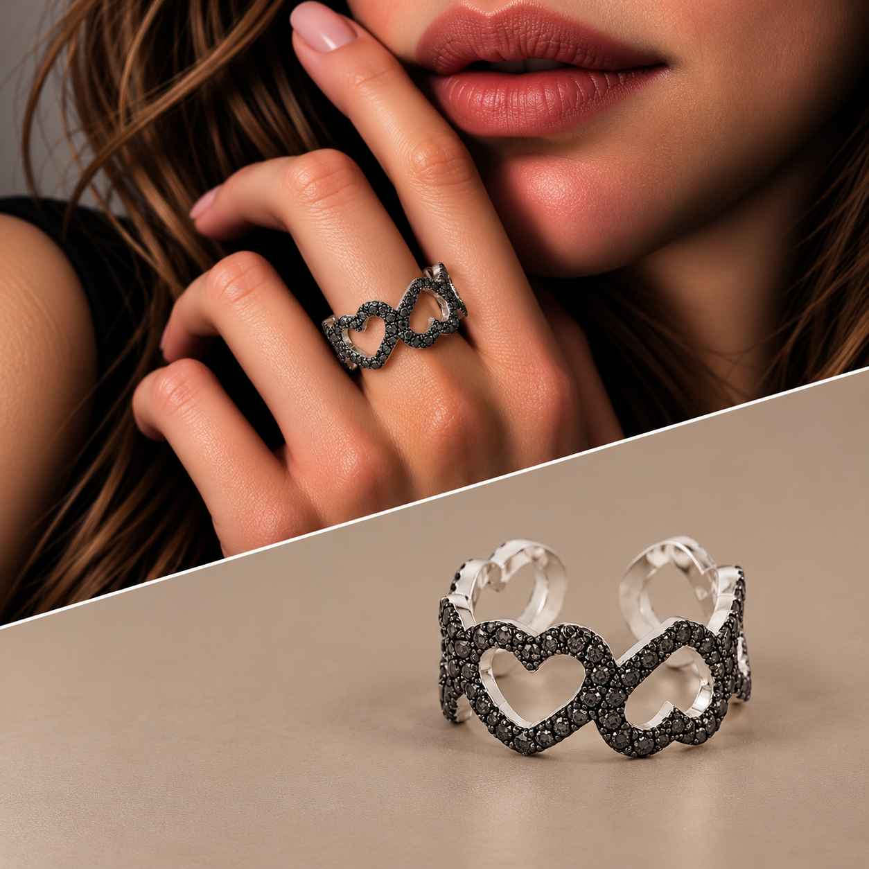 Anello argento fascia cuori diamanti black