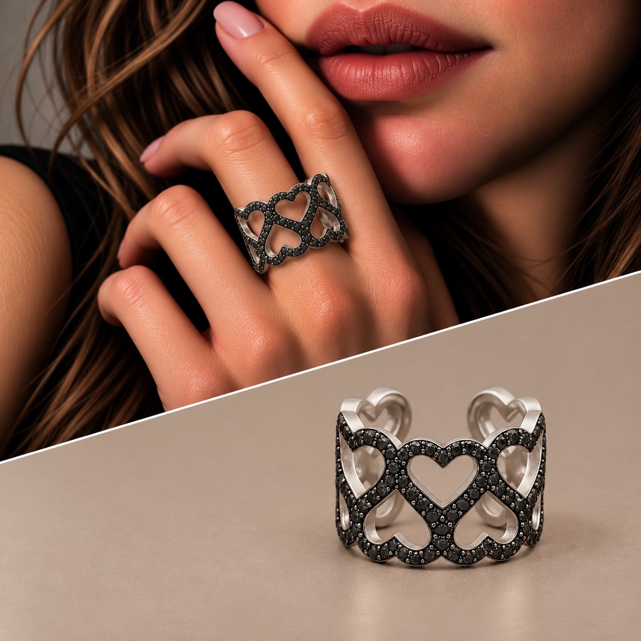 Anello argento doppia fascia cuori diamanti black