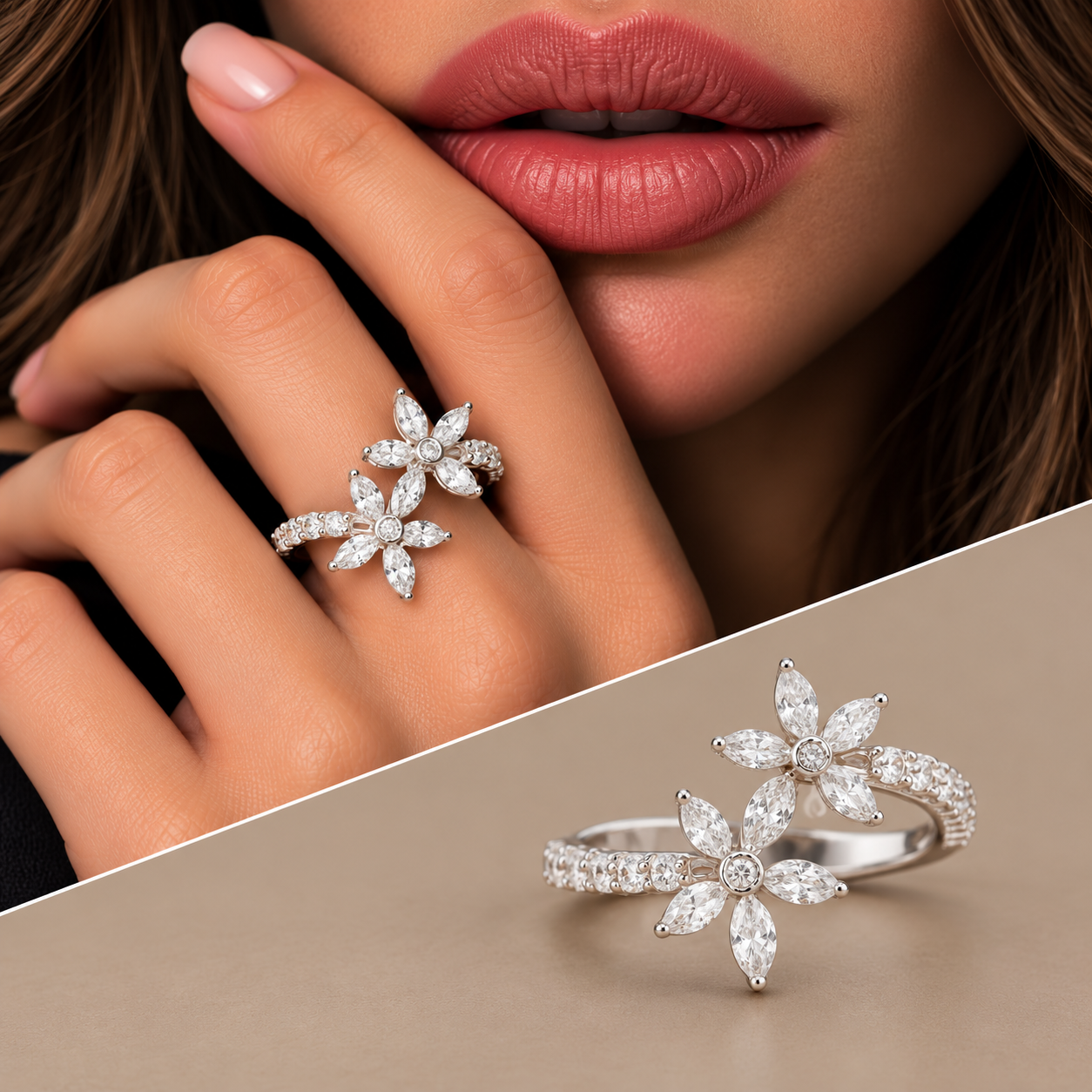 Anello oro 18kt contrariè fiori marquise
